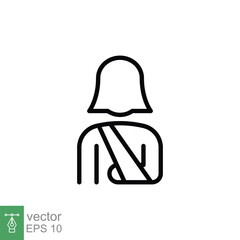 Injured woman in bandage icon. Simple outline style. Broken arm, patient, injury, person, female, wound, medical concept. Thin line symbol. Vector illustration isolated on white background. EPS 10.