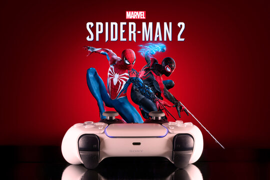 Spider-Man 2 logo with Playstation 5 controller, 7 Aug, 2023, Sao Paulo, Brazil