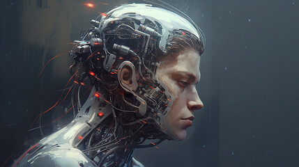 Surreal close up portrait of a cyborg in a future and distopic scene 