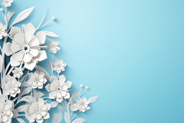 Paper cut white flowers art hand craft composition on copy space blue background. Origami winter template