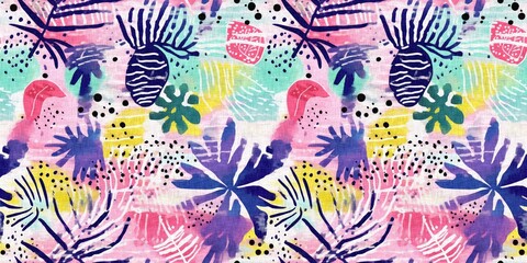 Fototapeta na wymiar Tropical modern coastal pattern clash fabric coral reef border print for summer beach textile designs with a linen cotton effect. Seamless trendy underwater kelp and seaweed ribbon edge background