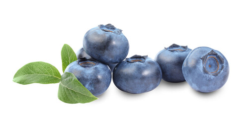 Many fresh ripe blueberries and leaves isolated on white