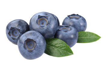 Many fresh ripe blueberries and leaves isolated on white