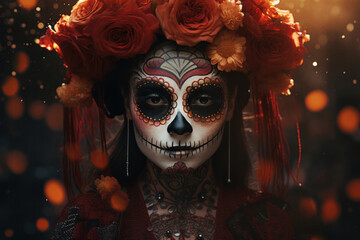 Vivid Catrina portrait celebrating day of the dead in mexico. Traditional holiday concept - obrazy, fototapety, plakaty