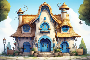 Cozy cartoon house front exterior of a charming residential building. Fairy tale concept