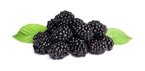 Pile of ripe blackberries with green leaves isolated on white