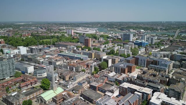 The drone aerial footage of downtown district of Southampton, England.