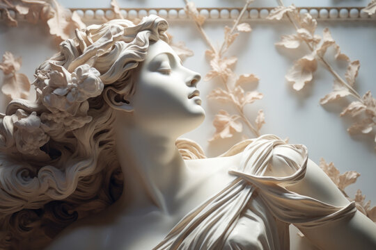 Renaissance elegance classic female bust sculpture in white marble. Ancient statue concept