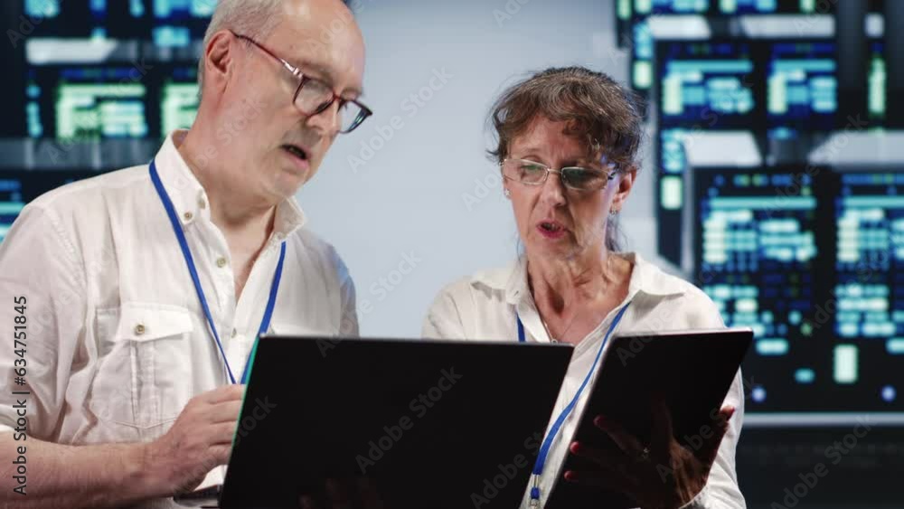 Aufkleber dilligent manager and assistant looking around data center, using laptop and tablet to crosscheck di