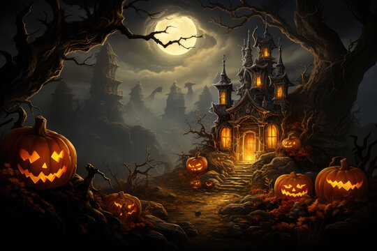 Halloween festival pumpkins and dark castle haunted in a mystic forest at night , Halloween background , Created with Generative Ai Technology