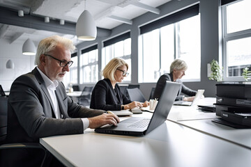 Three businesspeople work on laptops in a modern office space. They are a cooperative and successful team of men and women who communicate and plan a project or a strategy.