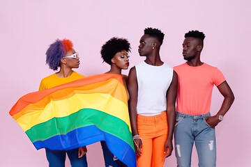 A group of four diverse and happy friends, holding a rainbow flag, standing against a pink background, showing their pride and tolerance.