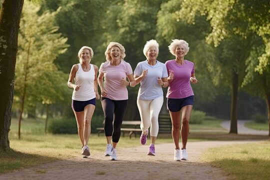 A portrait of four smiling and happy people running on a path in a park. They are a group of active senior women who love sport and fitness.
