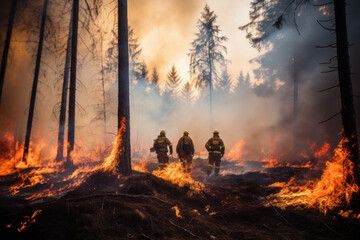 Group of firefighters in the middle of a burning forest
