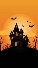 Fototapeta na wymiar Halloween Illustration Featuring the Silhouette of a Haunted Framed by the Reddish Orange Sunset