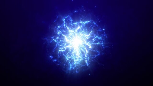 Abstract glowing blue futuristic energy plasma wave with bright core, magical dynamic electric particles on a dark blue background. Abstract background. 4k, 60fps video animation.