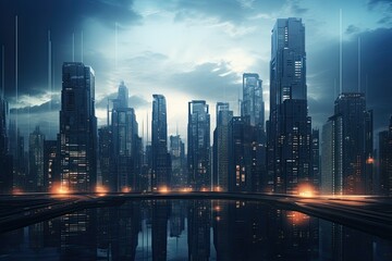 Urban night. Eerie skyline, desolate future city streets. Noir-inspired sci-fi concept.