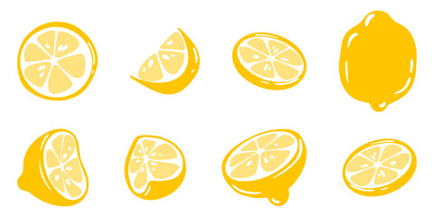A set of lemons in different angles. Sliced ​​lemon. Vector flat illustration of citrus in minimalism style.