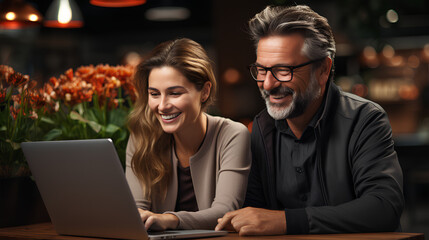 Smiling couple using laptop in cafe. Man and woman sitting at table and using laptop.