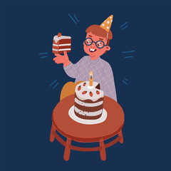 Cartoon vector illustration of Children's birthday. Boy holding piece of large cake.