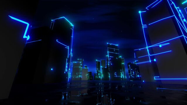 Futuristic City Tech Skyscrapers Glowing Blue Loop