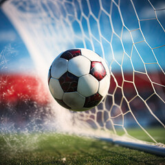 Football or Soccer Ball flying through the air and into a goal. Concept of Soccer or football.  Blurred background.