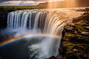 Obraz premium Majestic combination of a waterfall and a vibrant rainbow. Generative AI