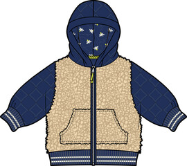 KIDS MIXED FABRIC FUR JACKET WITH HOOD VECTOR SKETCH © M A A Designs