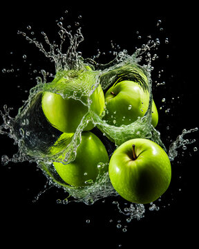 Green Apples water splash. Freshness and delicious fruit. Isolated on black background.