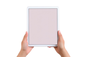 People Hand holding an iPad or Android pad tablet mockup white background PNG