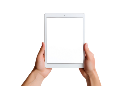 People Hand holding an iPad or Android pad tablet mockup white background PNG