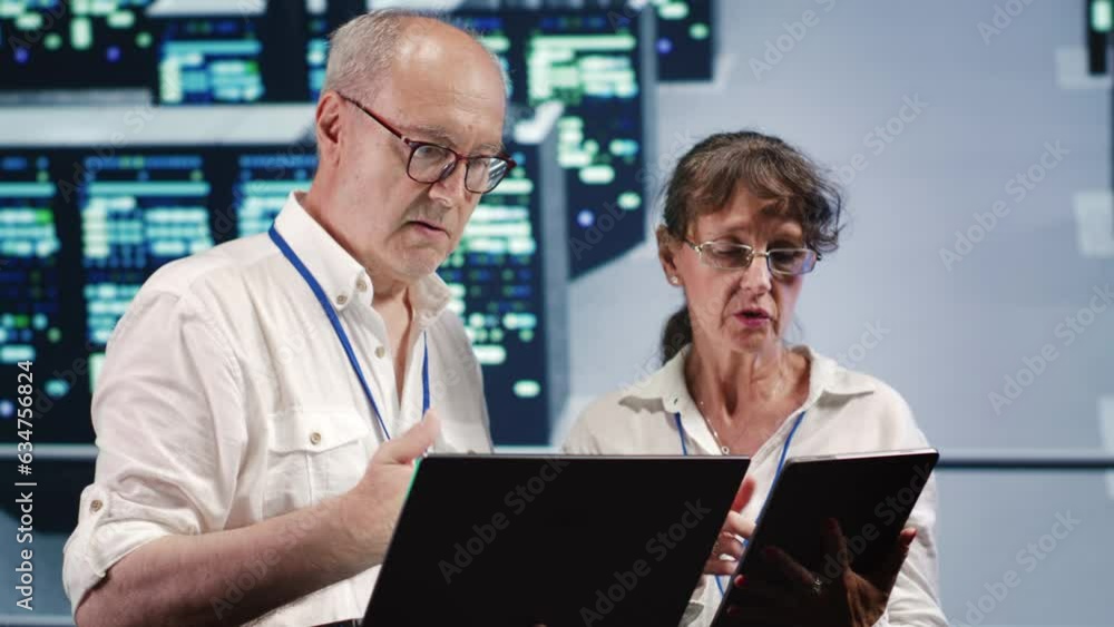 Aufkleber data storage company executives looking around data center, using laptop and tablet to crosscheck co
