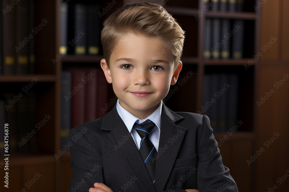 Canvas Prints Picture made with generative ai cute business baby boy in suit working in office joyfully smiling