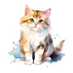 Watercolor cute cat isolated on white background...