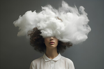 Young woman with cloud of smoke in her head. Concept of depression, mental health, memory loss, dementia, ideas and stress - obrazy, fototapety, plakaty