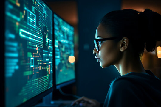 Generative ai collage photo of professional it specialist using device writing code computer network maintenance - Powered by Adobe