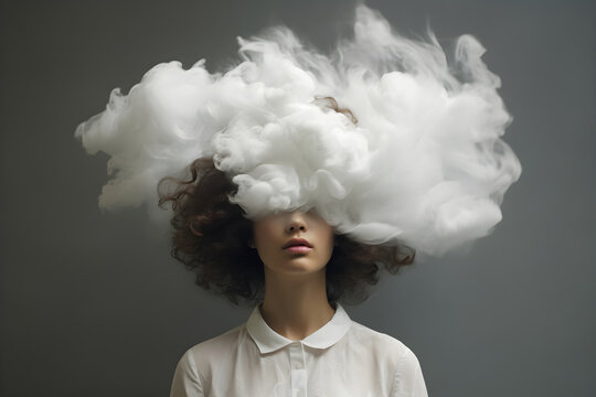 Young woman with cloud of smoke in her head. Concept of depression, mental health, memory loss, dementia, ideas and stress