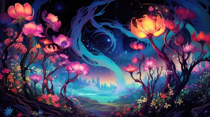 Obraz na płótnie Canvas Flowers in glowing cosmic forest or garden landscape. Fantasy fairy tail abstract blossoming alien flowers with galaxy space Universe. Floral magical galaxy background. AI illustration digital art..