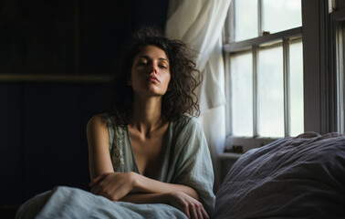 Obraz premium Young sleepless woman on her bed. Concept image on mental health issues. Generative AI.