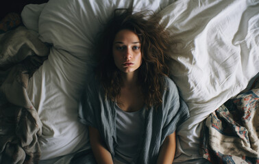 Young sleepless woman on her bed. Concept image on mental health issues. Generative AI.