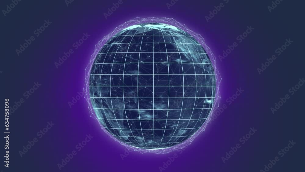 Poster animation of globe with network of connections with purple glow on black background