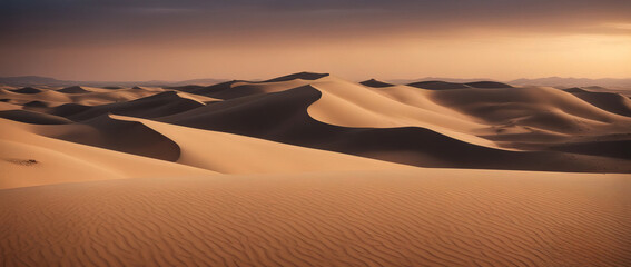 Landscape of golden dune against sunset sky. Wide angle shot. Desert scene.