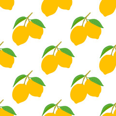 Lemon fruits seamless pattern and leaves on white background.