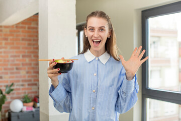 feeling happy and astonished at something unbelievable. ramen bowl concept
