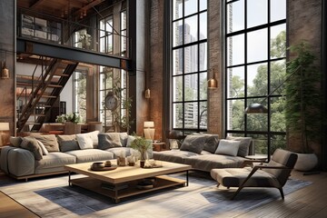 Fototapeta na wymiar Contemporary loft-style living room, high ceilings, large windows, rustic-modern mix. Concept of interior design and architecture.