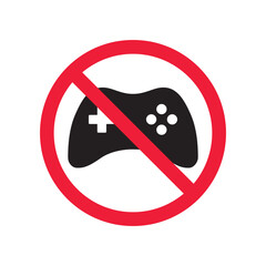 Forbidden joystick vector icon. Warning, caution, attention, restriction, label, ban, danger. No gamepad flat sign design pictogram symbol. No game pad joystick icon