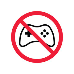 Forbidden joystick vector icon. Warning, caution, attention, restriction, label, ban, danger. No gamepad flat sign design pictogram symbol. No game pad joystick icon