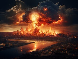 Naklejka na ściany i meble Explosion of nuclear bomb in the city. end of world illustration. Nuclear war threat concept. Design ai