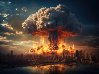 Explosion of nuclear bomb in the city. end of world illustration. Nuclear war threat concept. Design ai
