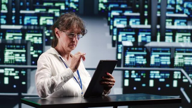 Precise serviceman in cloud computing company housing high end servers capable of quickly and efficiently performing complex computations and data analysis, using tablet to root out blips